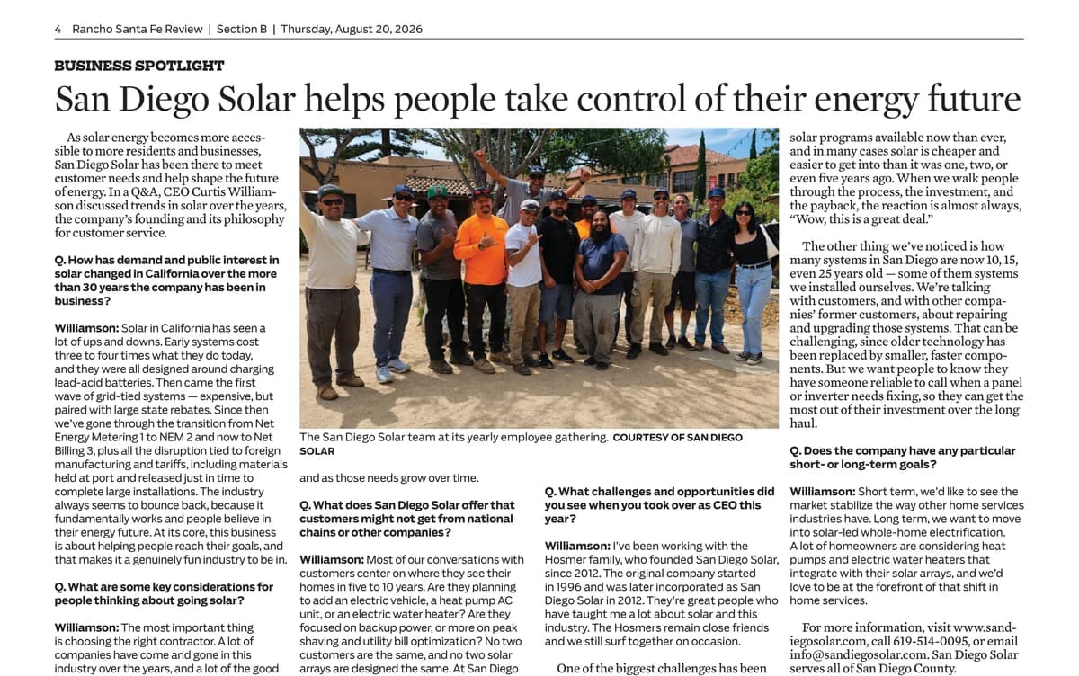 Rancho Santa Fe Review Business Spotlight feature on San Diego Solar