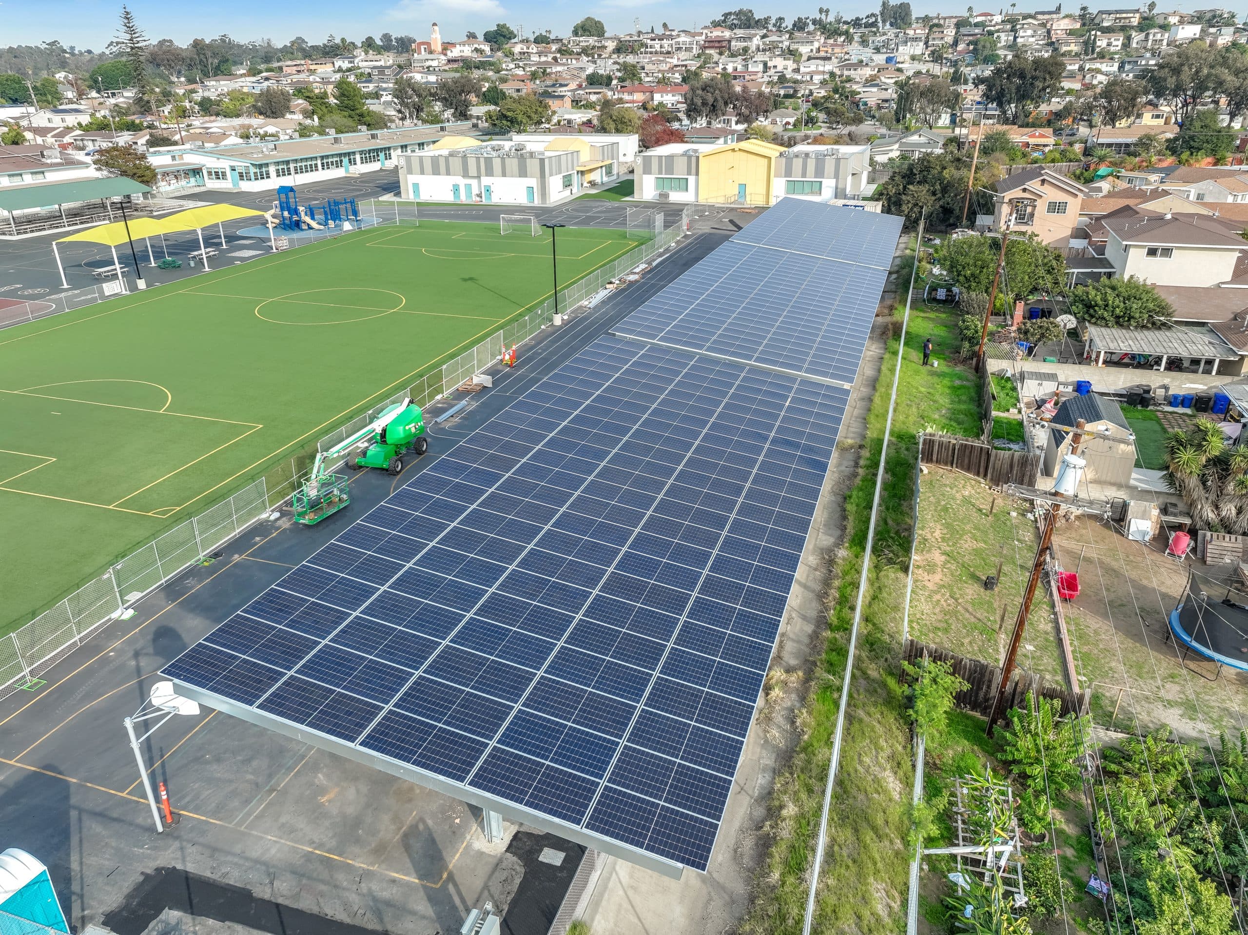Oak Park Elementary School solar carport structure under construction